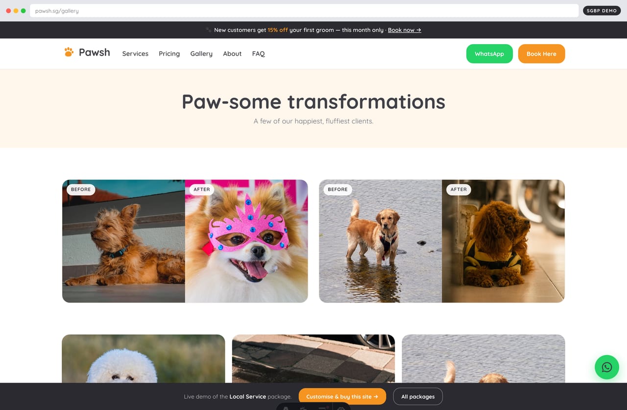 Before-and-after grooming gallery slider on a Singapore mobile pet-grooming website