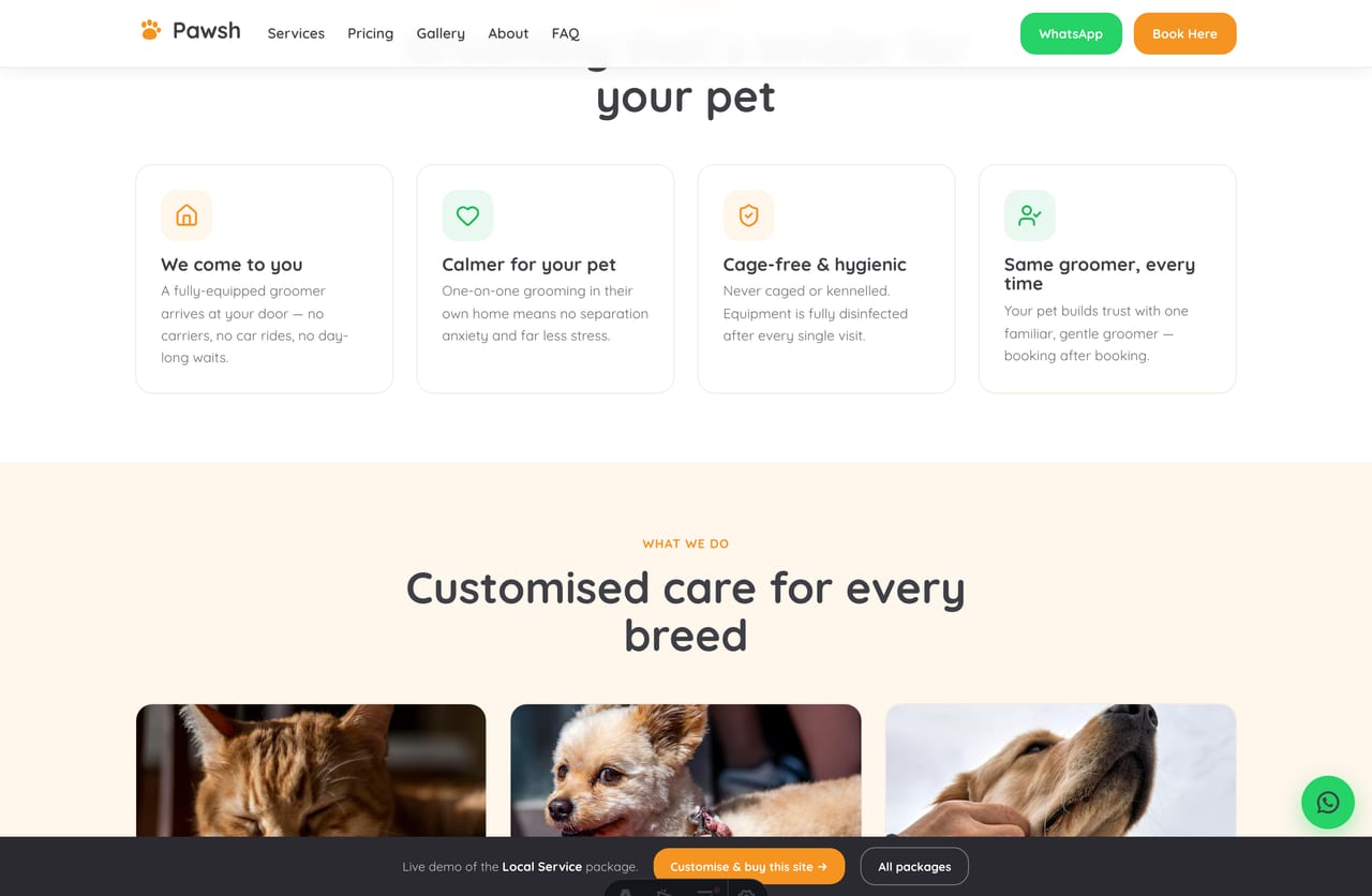 Instant-quote calculator widget on a Singapore mobile pet-grooming service website