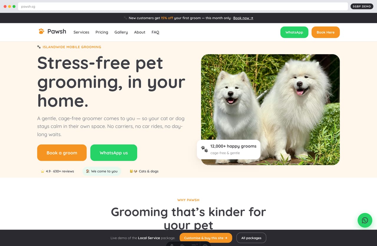 Pawsh mobile pet grooming homepage demo — hero, islandwide booking CTA and instant-quote tool (Singapore local service website)