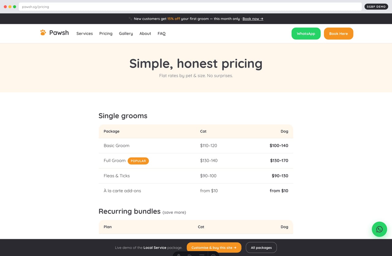 Transparent flat-rate pricing table for cat and dog grooming in SGD on a Singapore service website