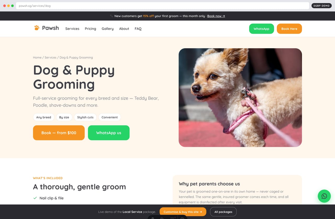 Service detail page with inclusions, pricing and booking for dog grooming in Singapore