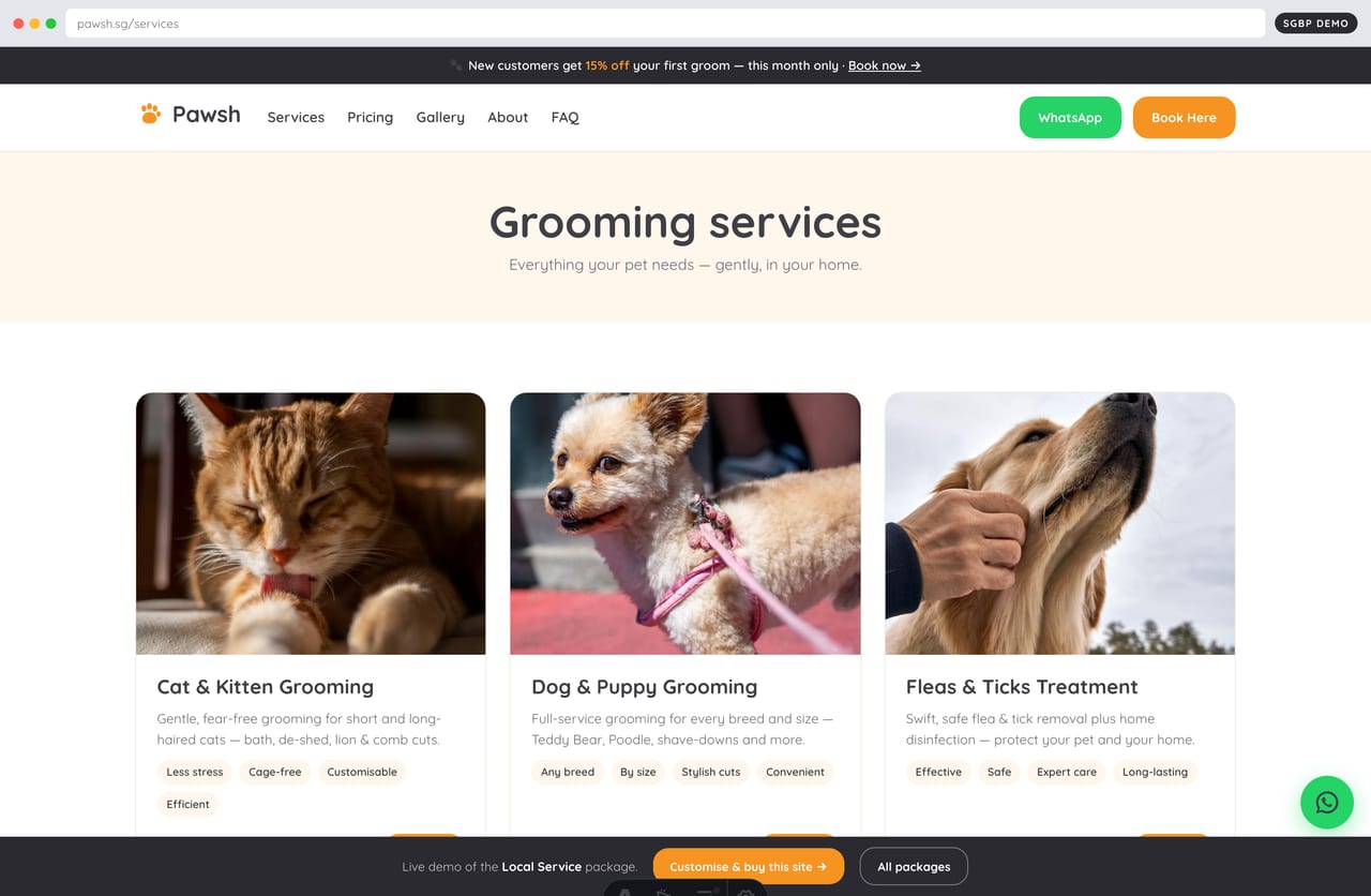 Services overview page listing cat, dog and flea grooming on a Singapore local service website