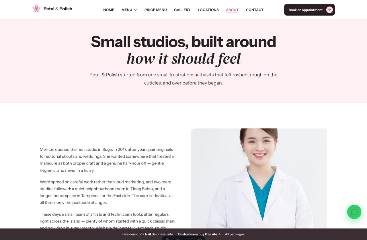 About / story page for a Singapore nail salon — founder portrait, the studio story, values and the team