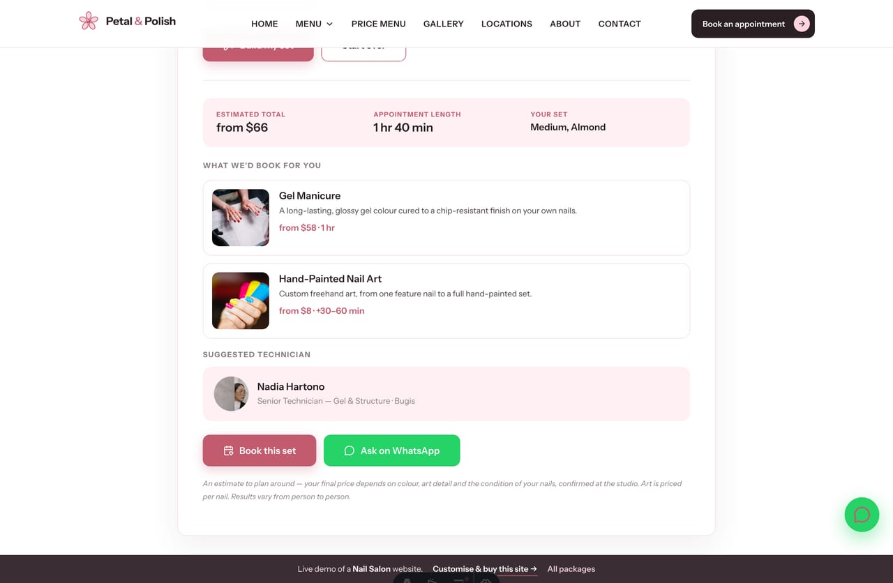 Mani Menu Builder results on a Singapore nail salon site — recommended services, a total price, an appointment length and a suggested technician