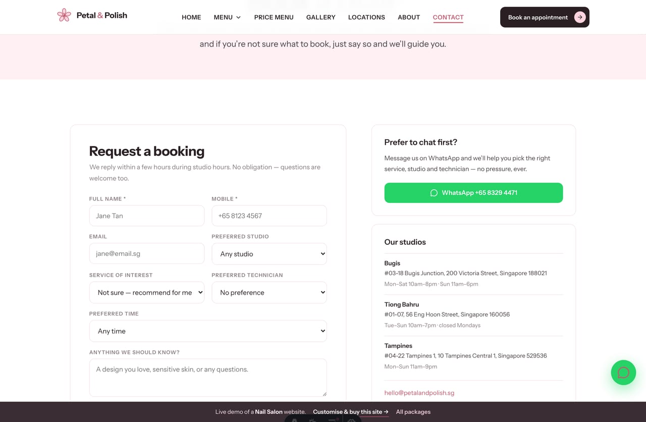 Booking & contact page on the Petal & Polish demo — a PDPA-aware appointment form with studio, service & technician selection, no cart