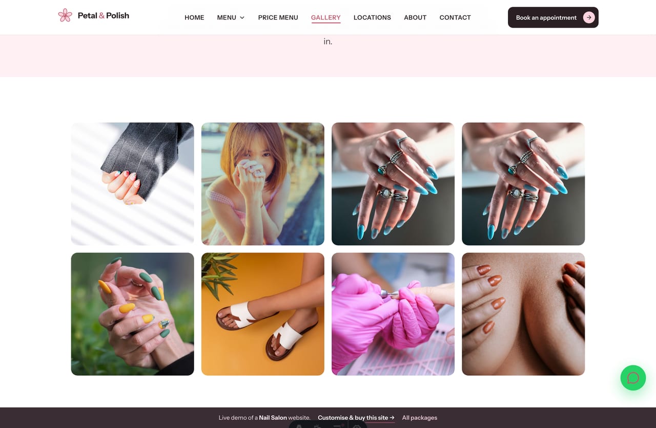 Recent-sets gallery on the Petal & Polish demo — a look-book of nail art, French, chrome, gel and pedicures