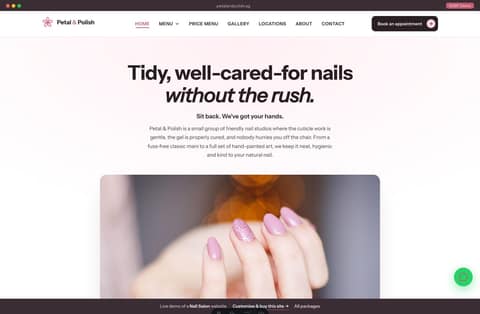 Petal & Polish multi-outlet Singapore nail salon website homepage demo — blush hero, studio rooms and a service menu