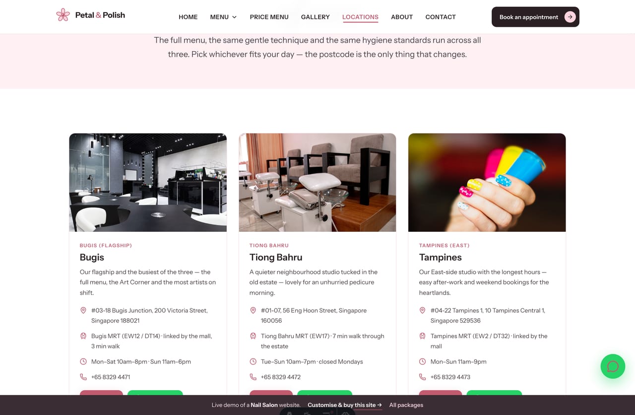 Locations page on the Petal & Polish demo — three Singapore nail studios in Bugis, Tiong Bahru and Tampines with addresses and MRT