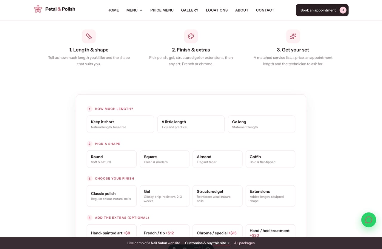 The interactive Mani Menu Builder tool on the Petal & Polish demo — pick length, shape, finish and add-ons