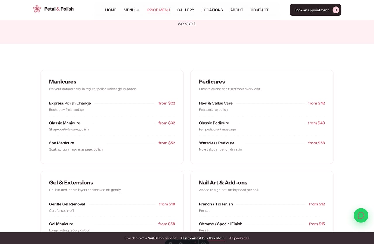 Price menu page on the Petal & Polish demo — manicures, pedicures, gel and add-ons with clear from-prices in SGD