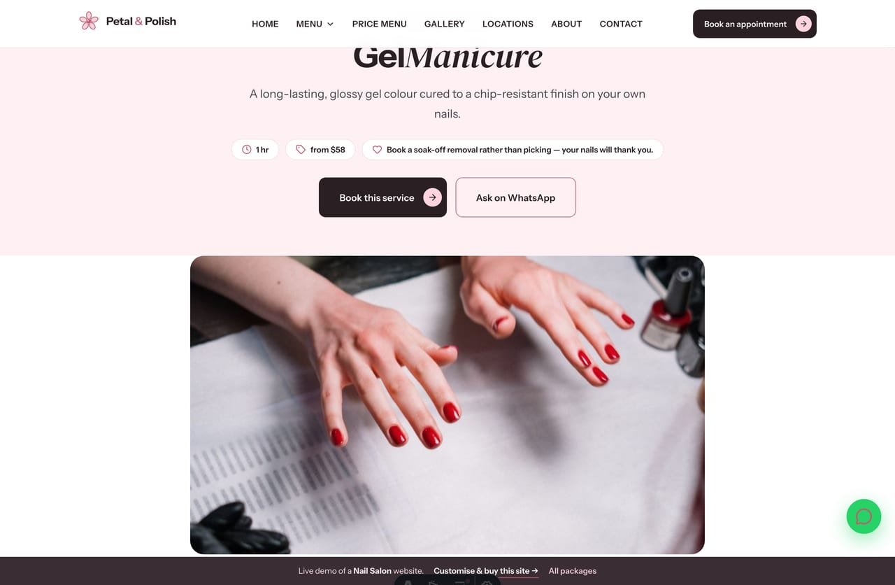 A service detail page on the Petal & Polish demo — hero image, chair-time, from-price, what it includes and a book CTA