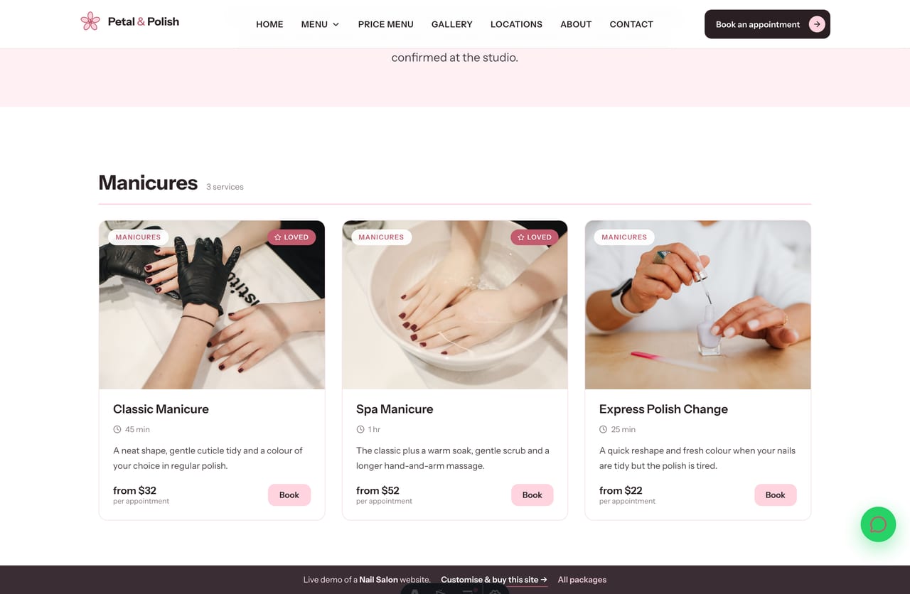 Services menu page on the Petal & Polish demo — manicures, pedicures, gel, structured gel, extensions and nail art grouped by category