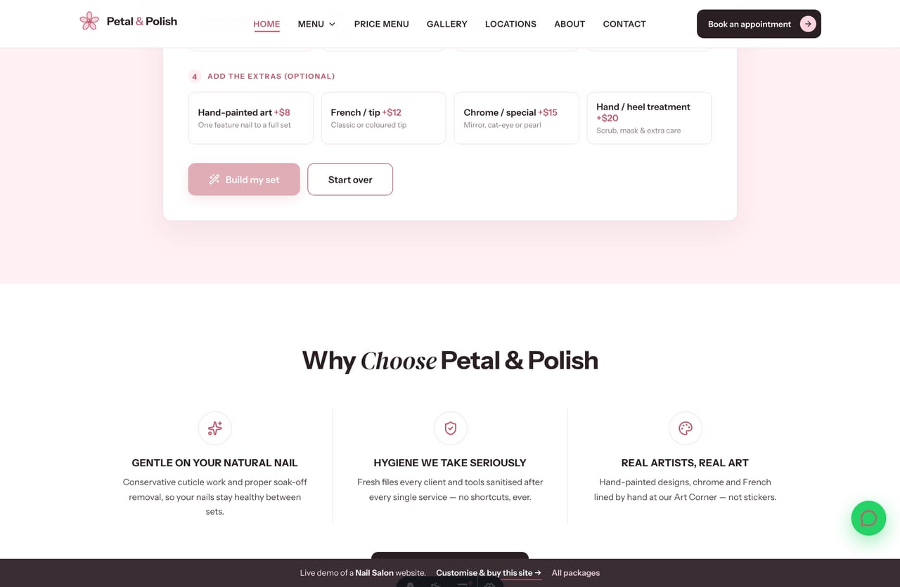 Why-us band on the Petal & Polish demo — gentle on natural nails, serious hygiene, real artists and three handy studios
