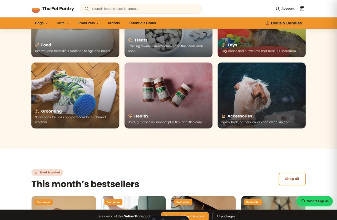Bestseller pet products and starter bundles on The Pet Pantry pet supplies store