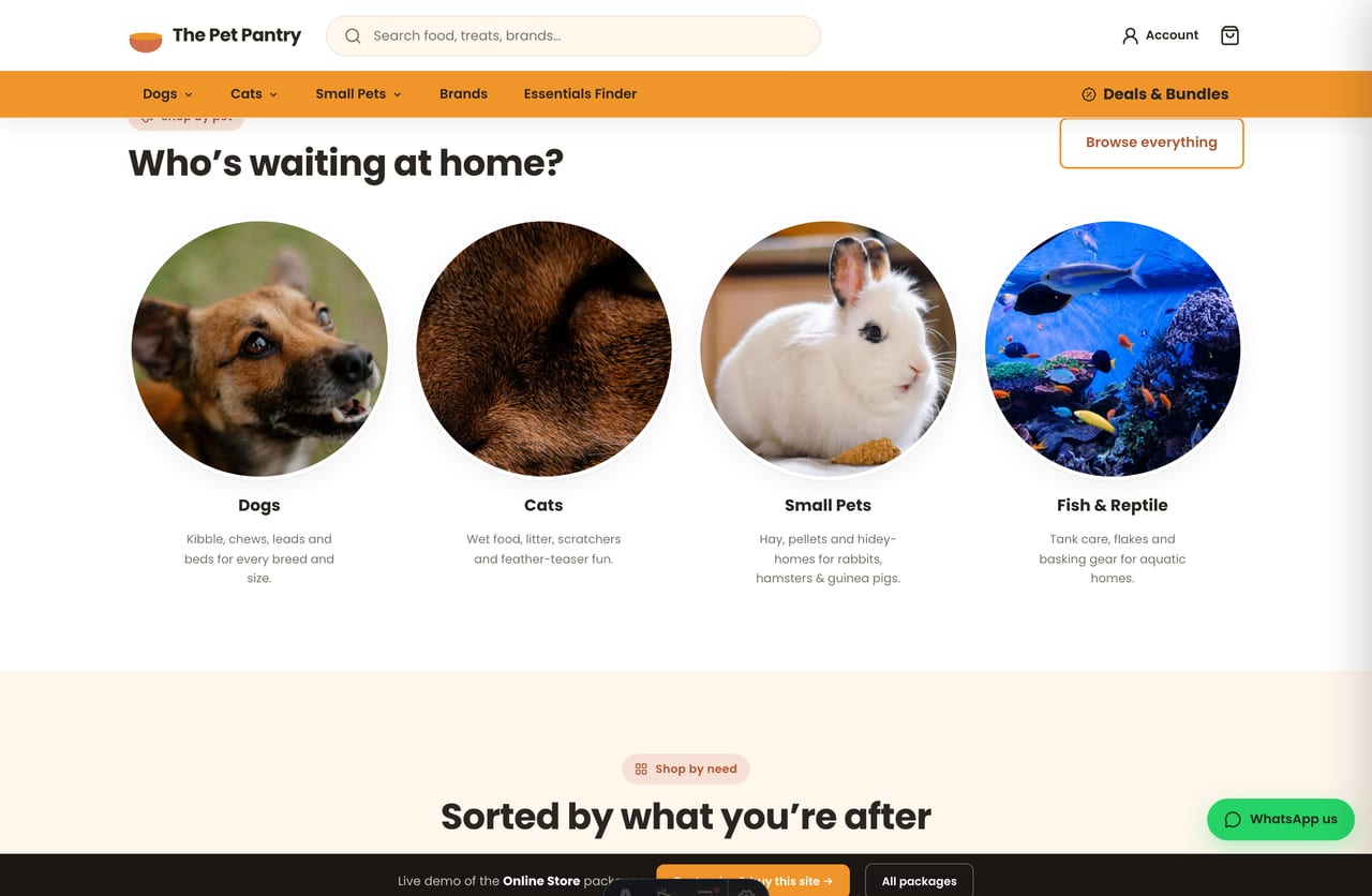 Shop-by-pet and shop-by-need tiles for a Singapore pet store — dogs, cats, small pets, food, treats, toys, grooming, health and accessories