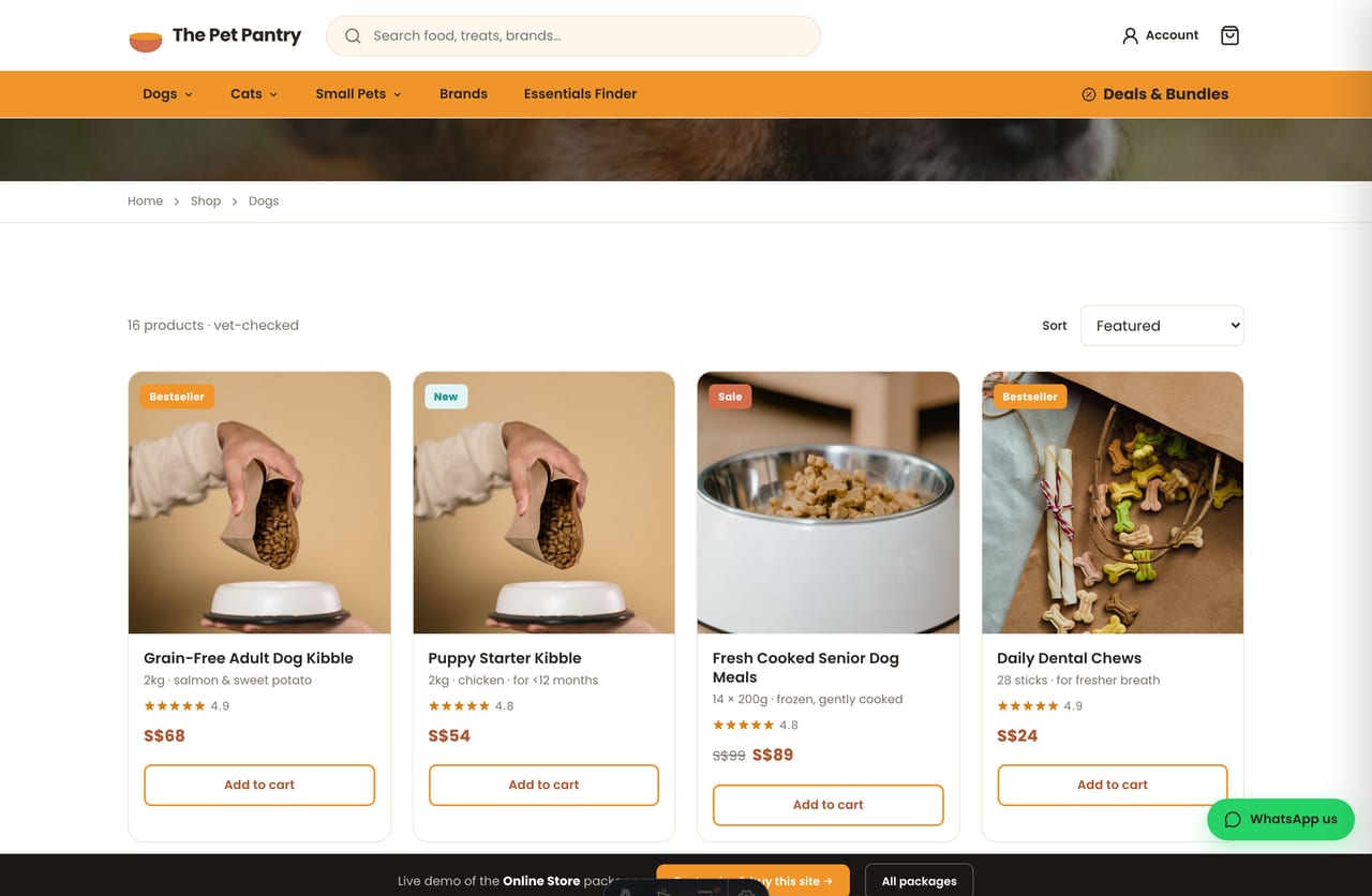 Dogs collection page with sortable product grid on the Singapore pet store demo