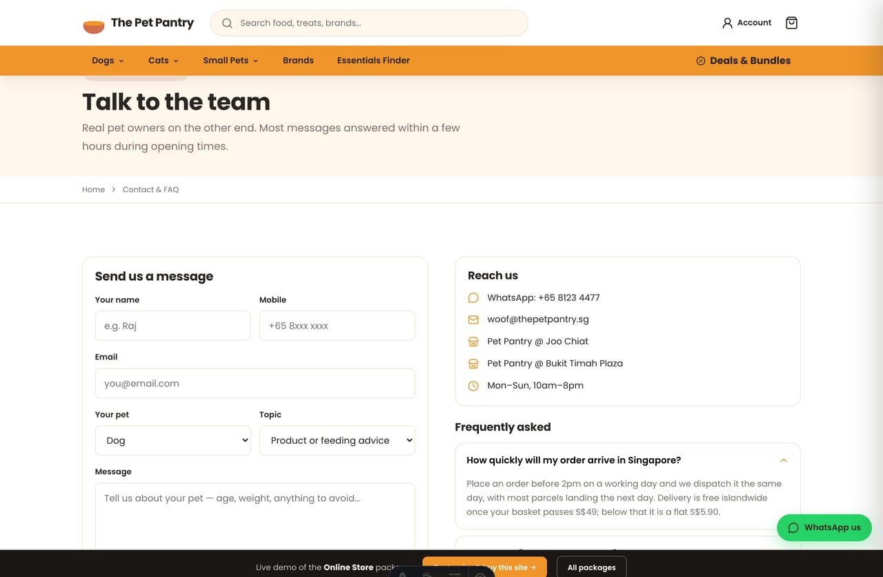 Contact, shop-location, WhatsApp and FAQ page on The Pet Pantry pet store demo