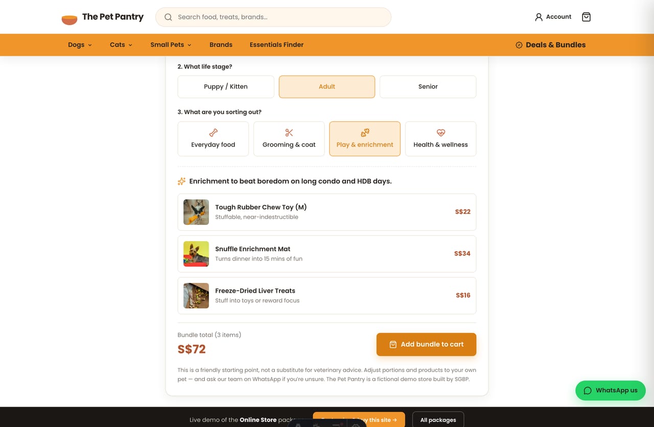 Pet Essentials Finder curated starter bundle result with prices and an add-bundle-to-cart button