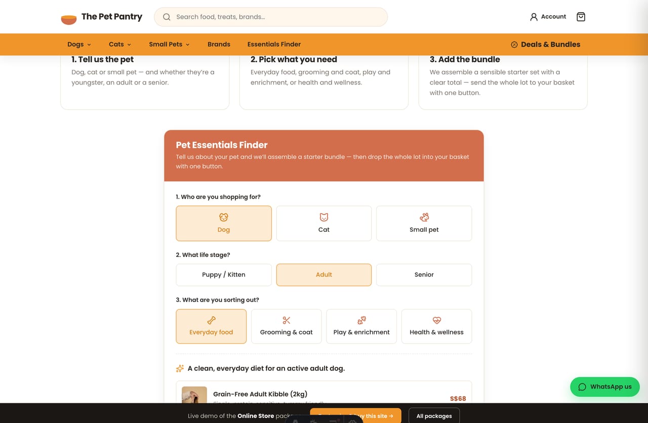 Interactive Pet Essentials Finder tool on the Pet Pantry Singapore pet store — pick pet, life stage and need