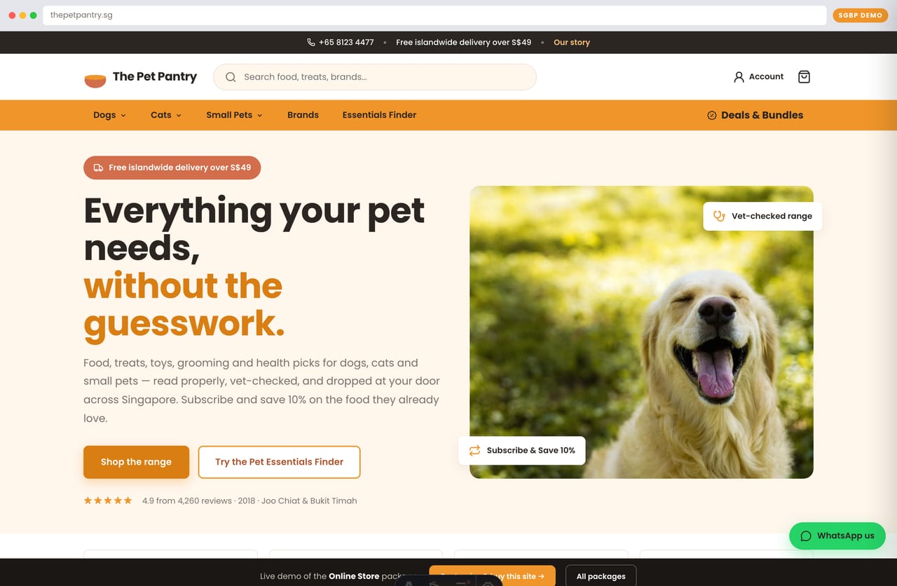 The Pet Pantry pet supplies online store homepage demo — warm orange promo hero, category nav and free-islandwide-delivery promise (Singapore)