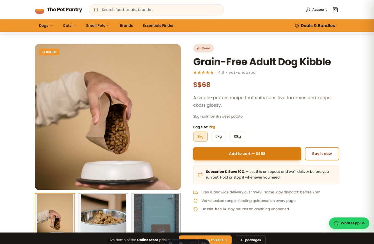 Pet product detail page with image gallery, size variants, subscribe-and-save and add-to-cart