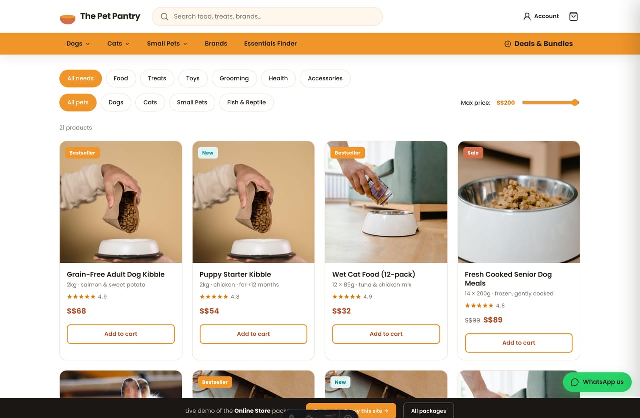 Pet supplies shop page with a filterable product grid by pet and need, add-to-cart and SGD pricing