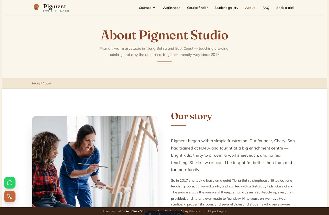 The About page for a Singapore art studio — founder story, the teaching team and the two studio locations