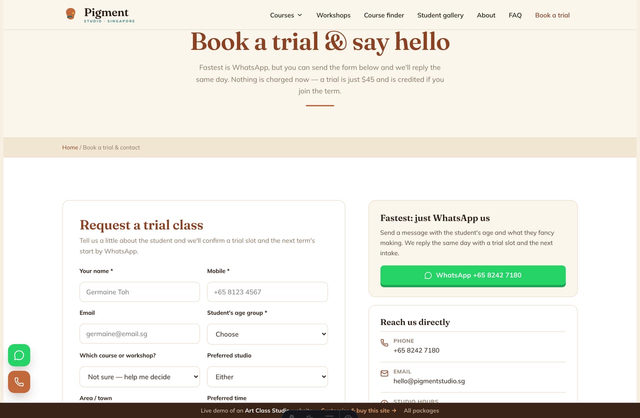 Book-a-trial & contact page on the Pigment Studio demo — a PDPA-aware trial-request form with course, age and time selection, no cart