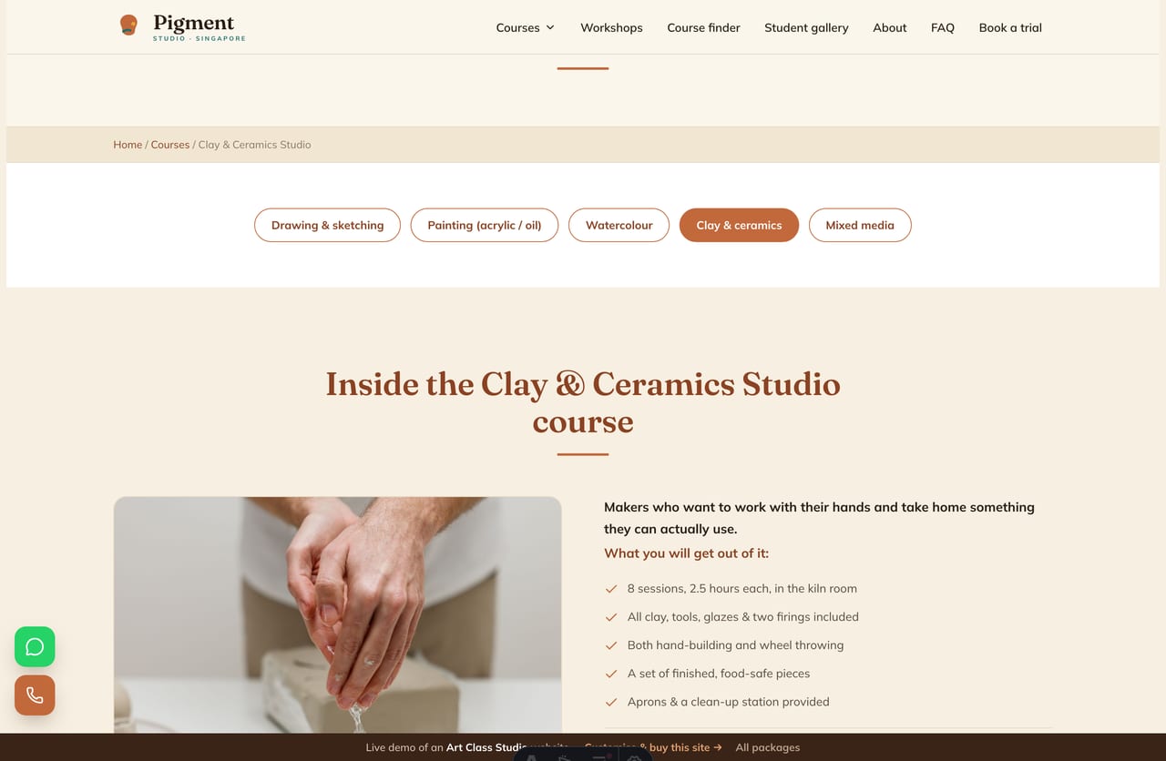 A course detail page on the Pigment Studio demo — medium pill-tabs, a what-to-expect section, what is included, term fee and a book-a-trial CTA