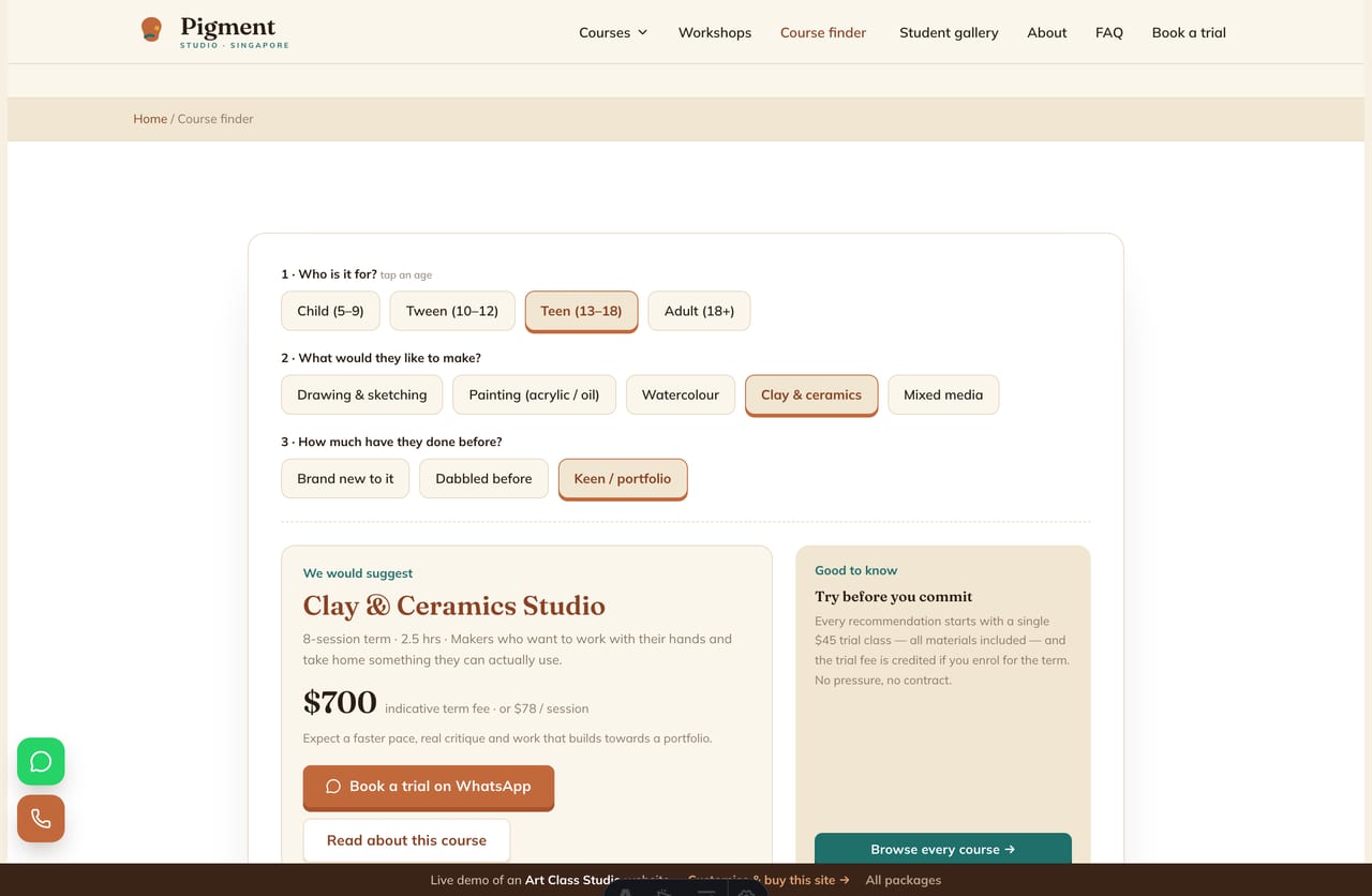 Art Course Finder result on a Singapore art-studio site — a matched course, an indicative term fee and a book-a-trial WhatsApp CTA