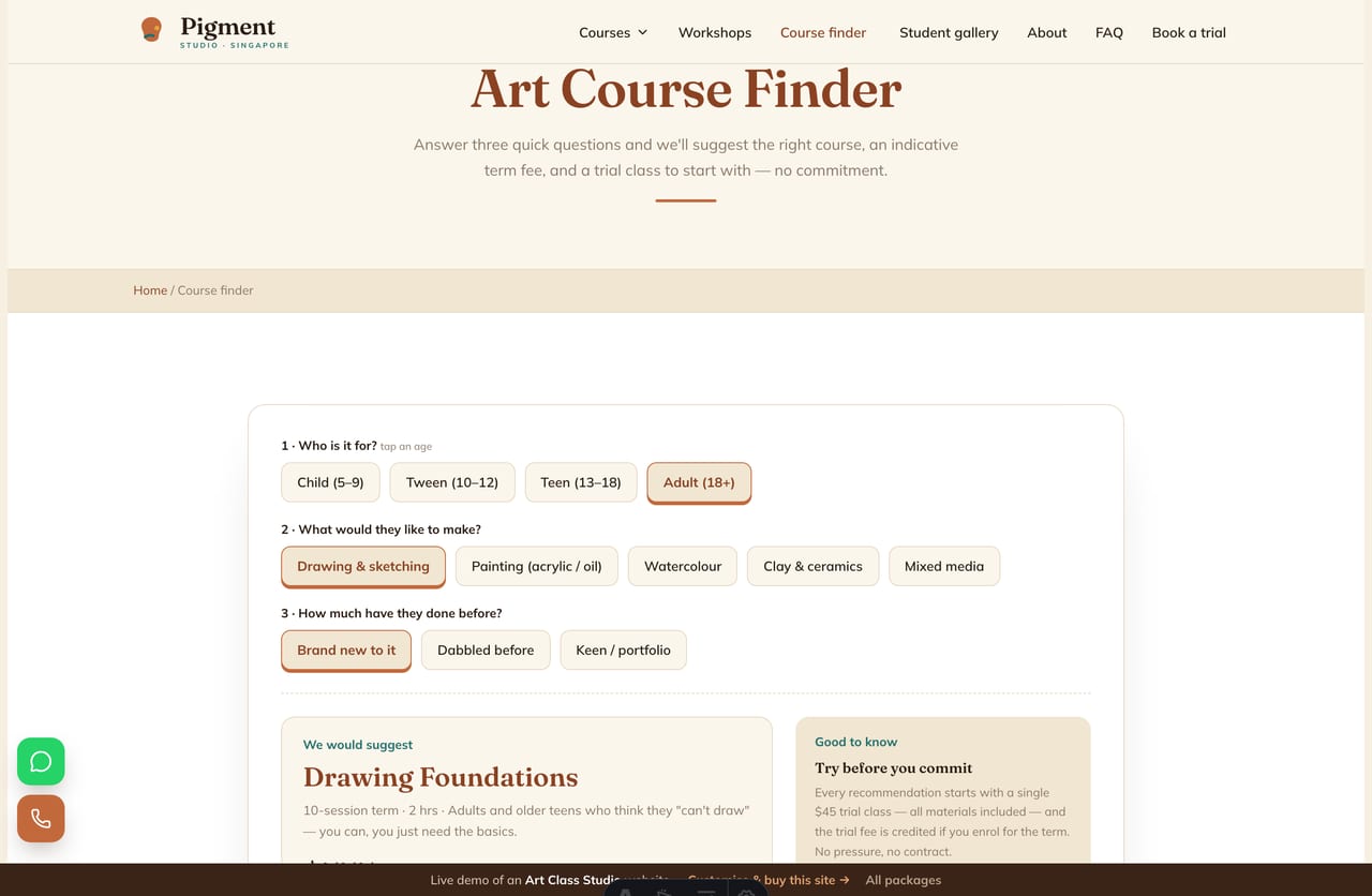 The interactive Art Course Finder on the Pigment Studio demo — pick the student age, the medium and their level for a matched course