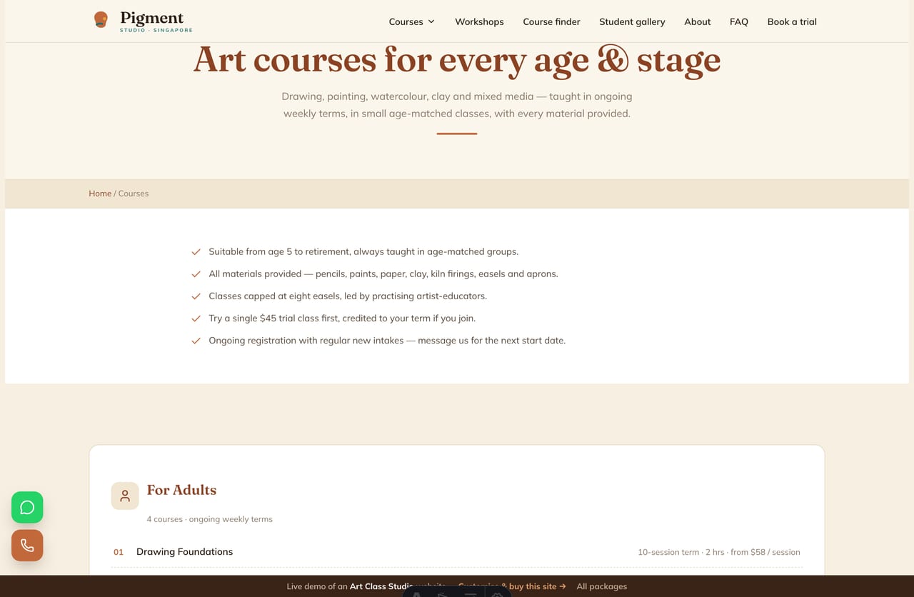 Course listing page on the Pigment Studio demo — drawing, painting, watercolour, clay and kids courses grouped by age and stage with term fees