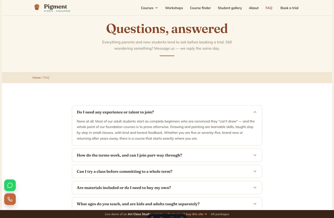 FAQ page on the Pigment Studio demo — an accordion of common questions about terms, trials, materials, ages and DSA portfolios