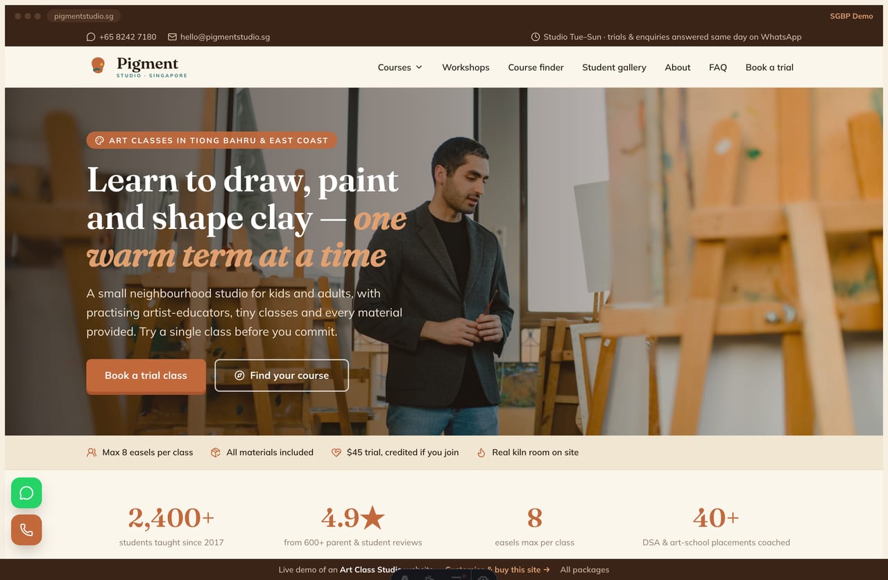 Pigment Studio art-class website homepage demo — a full-bleed studio hero on a warm terracotta-and-cream layout with audience-grouped courses and a weekly schedule