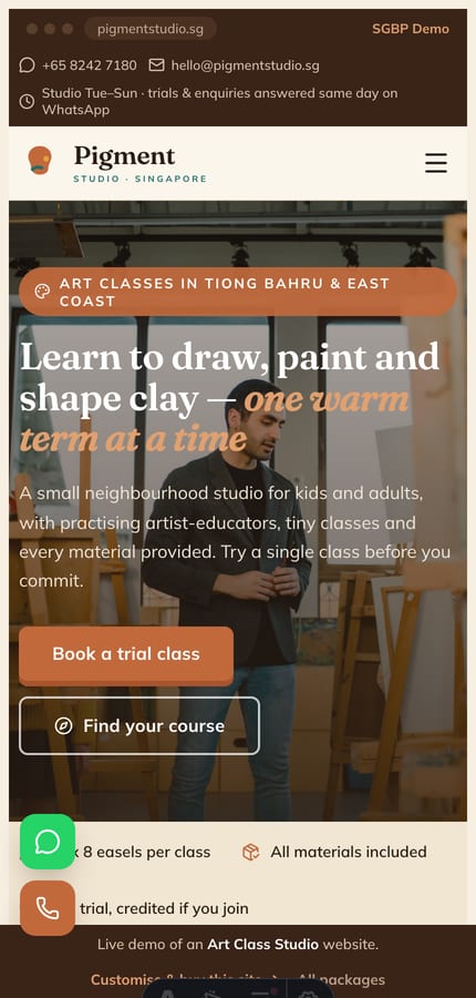 The Pigment Studio art-class website on mobile — full-bleed hero and a warm sticky contact dock at 430px