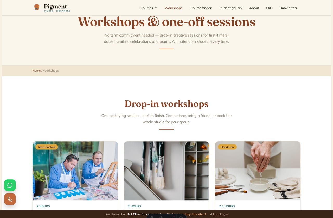 Workshops page on the Pigment Studio demo — art jamming, pour nights, clay tasters and private team-bonding sessions as drop-in cards
