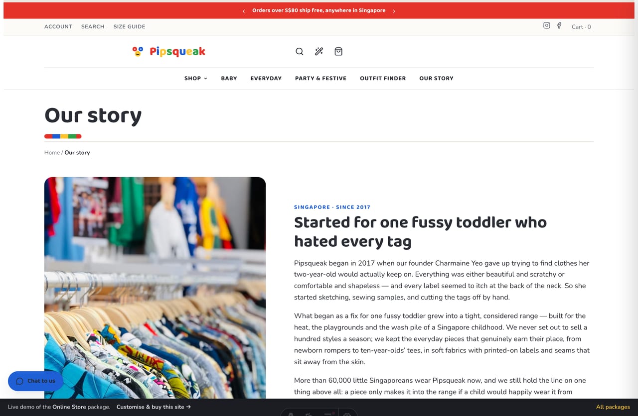 About and brand-story page for a Singapore children’s apparel label started for one fussy toddler