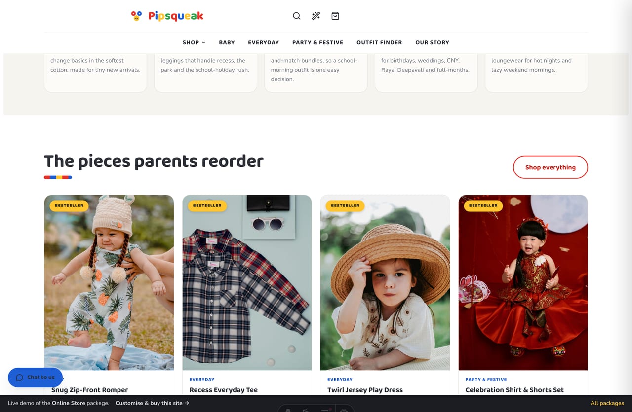 Bestseller kidswear product grid on the Pipsqueak children’s clothing store