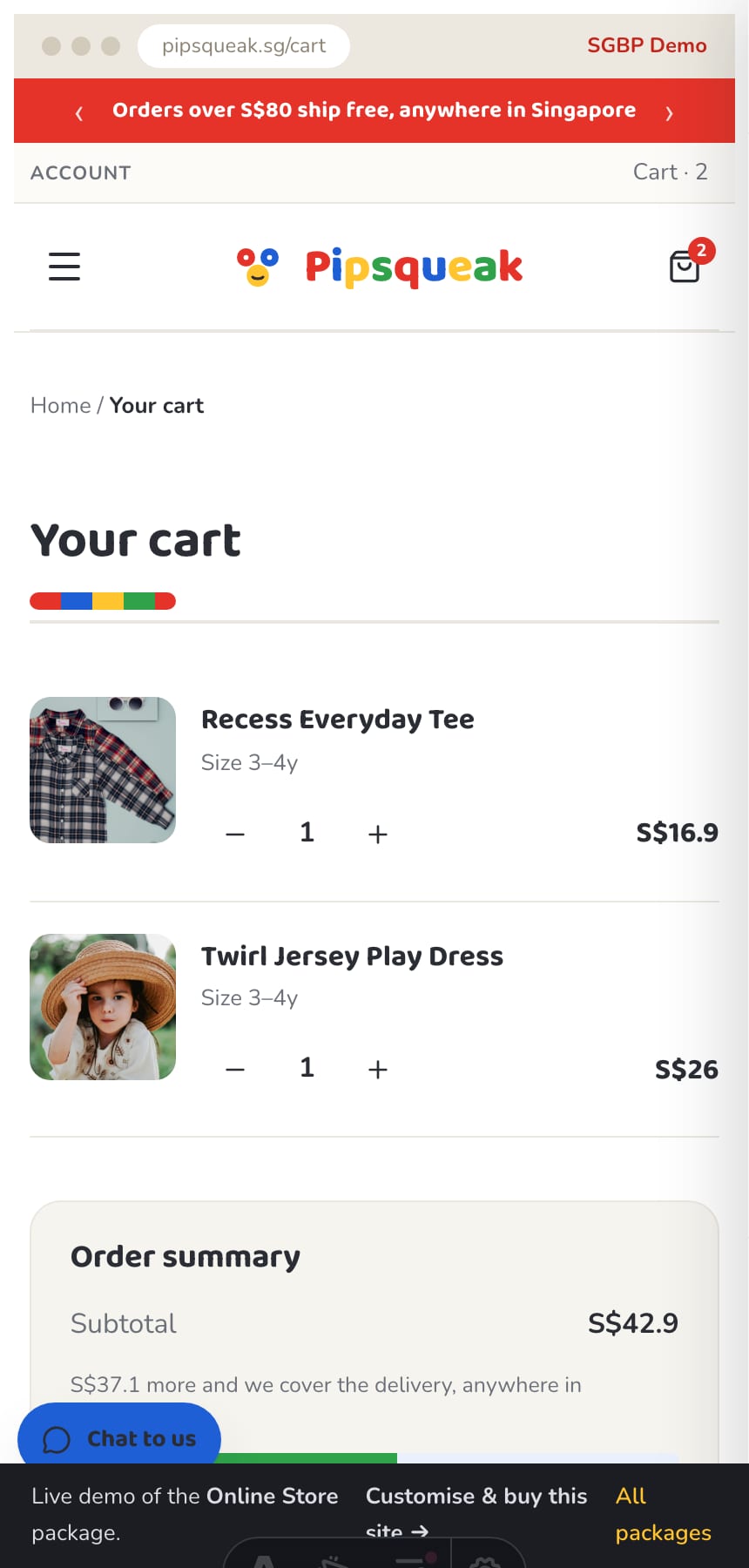 Slide-out cart drawer with a free-islandwide-delivery progress bar on the Singapore kidswear store