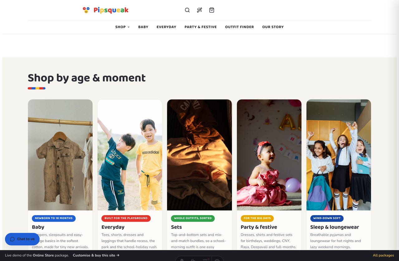 Shop-by-age tiles for a Singapore kidswear store — baby, everyday, sets, party & festive and sleep