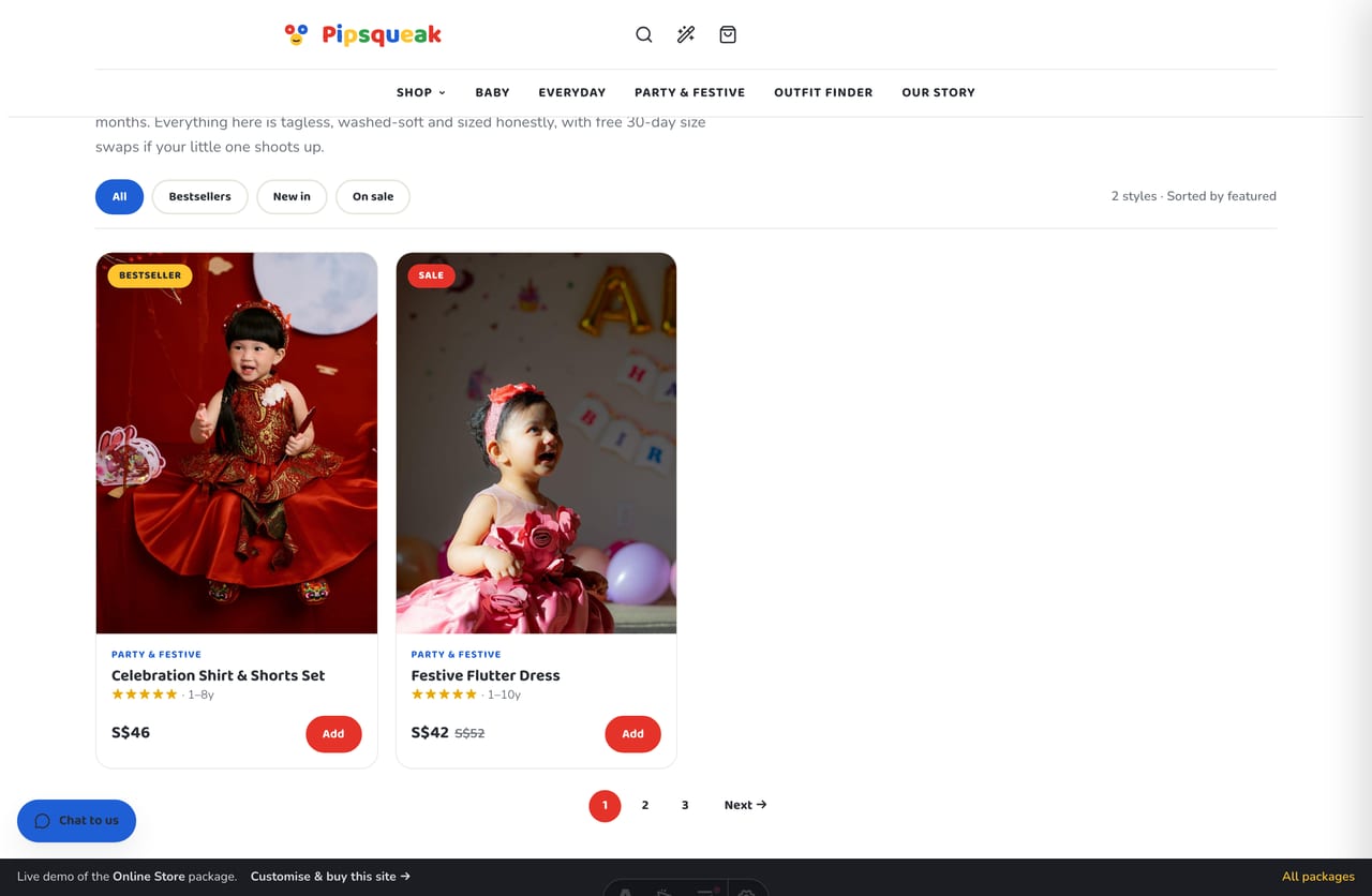 Everyday kidswear collection page with cross-sell on the Singapore children’s apparel store demo