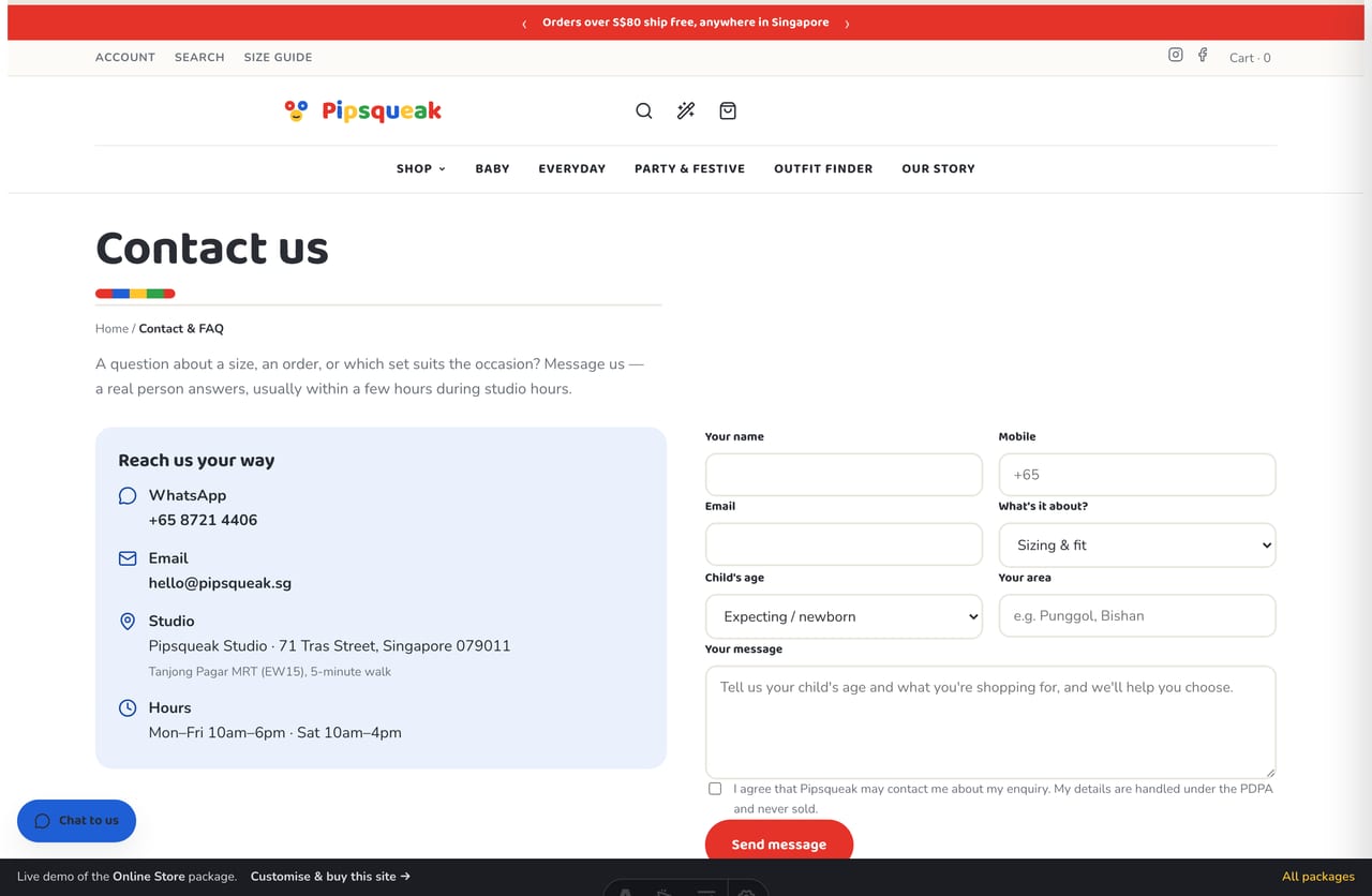 Contact, studio-location, WhatsApp and FAQ page on the Pipsqueak kidswear store demo