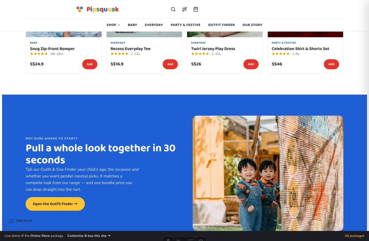 Outfit & Size Finder feature band on the Pipsqueak homepage