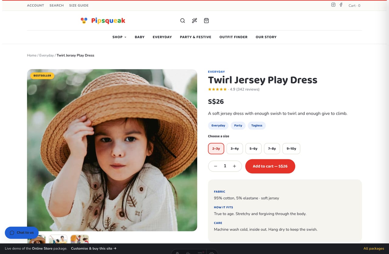 Children’s clothing product page with image, size picker, fabric and care notes and add-to-cart