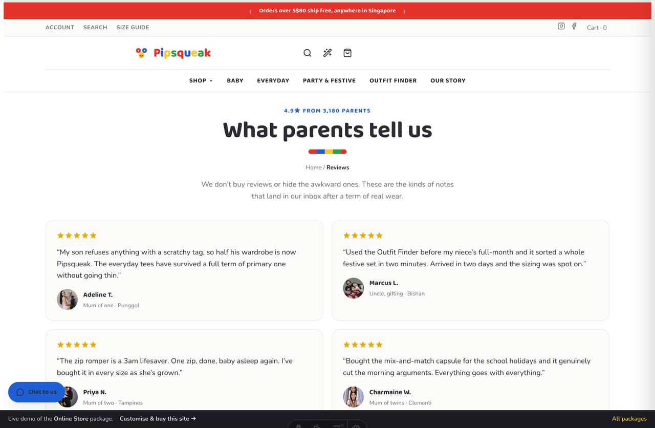 Singapore parent reviews and star ratings on the Pipsqueak children’s clothing store website