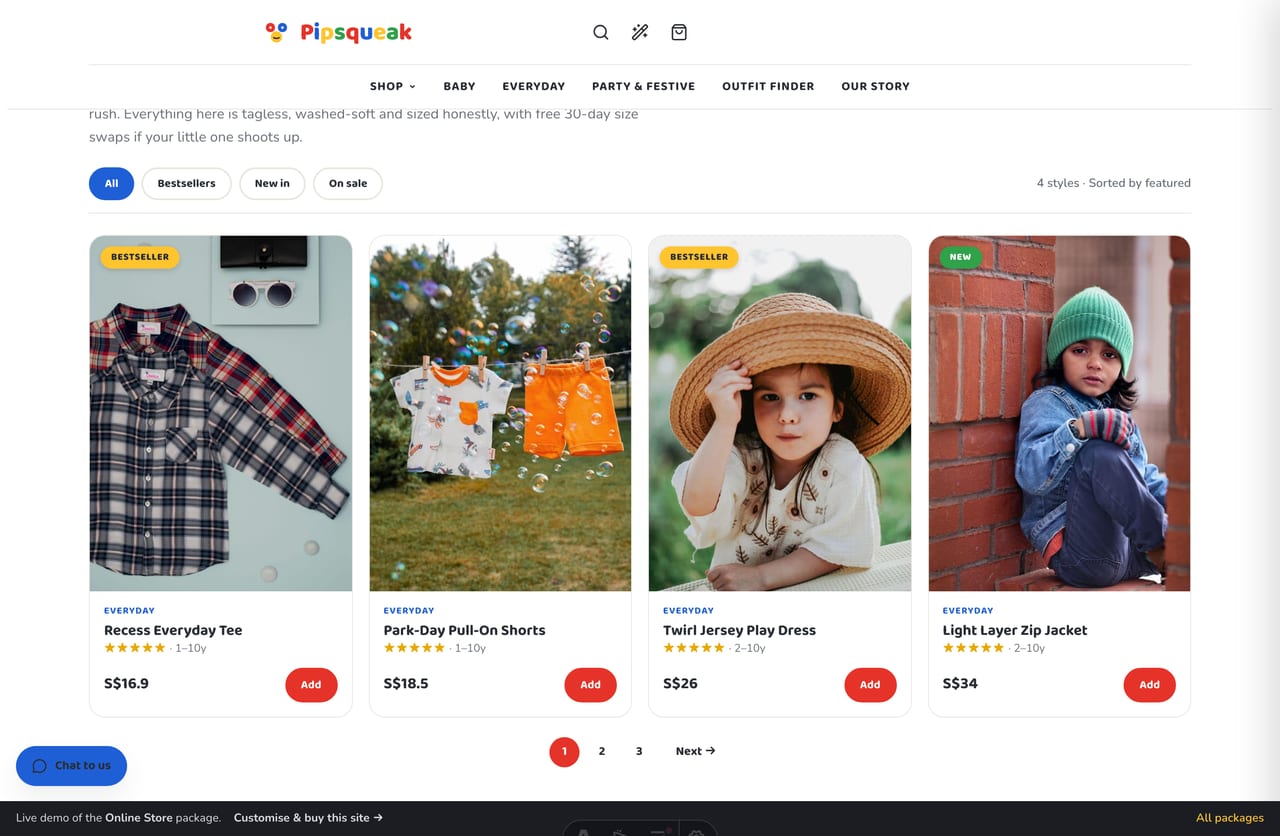 Kidswear shop page with a striped title, filter chips, a product grid and numbered pagination