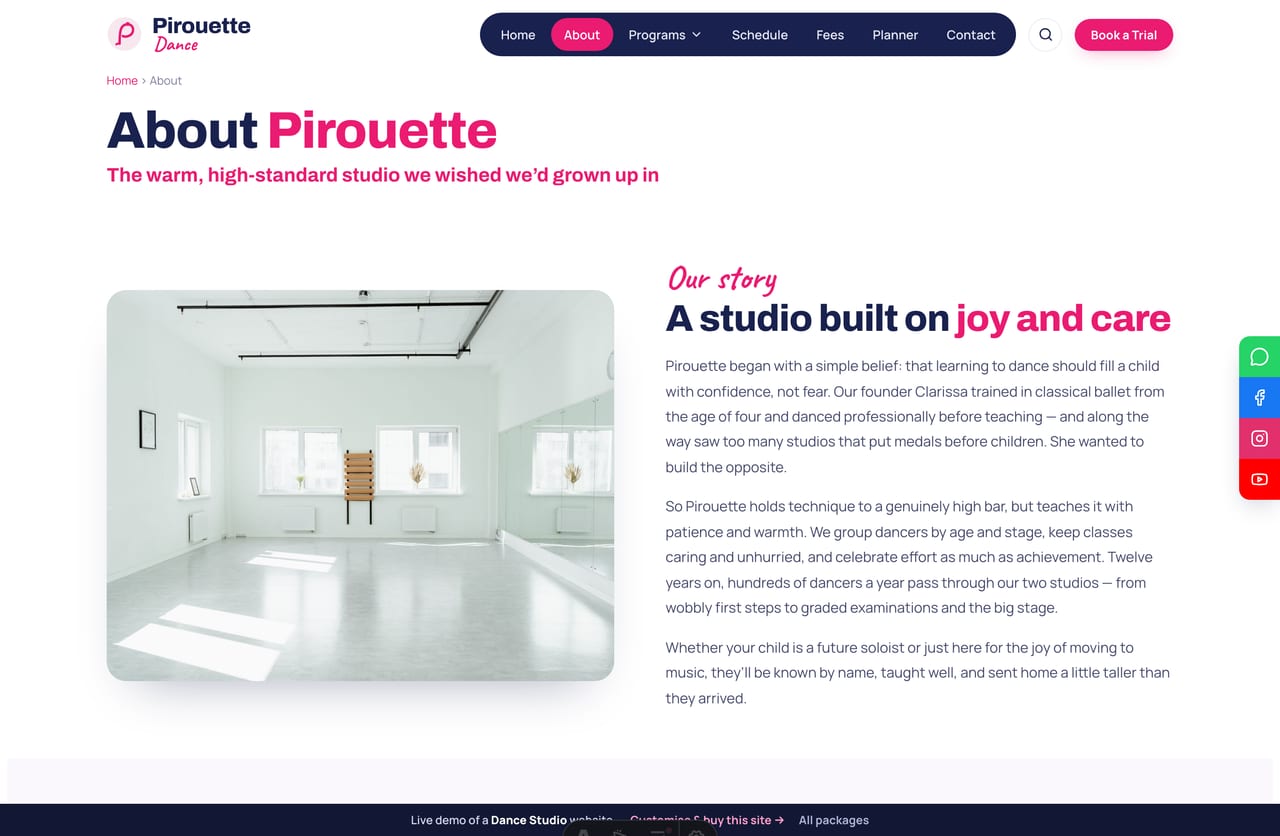 The About page for a Singapore dance studio — founder story, the teaching team and the studios in Marine Parade and Bukit Timah