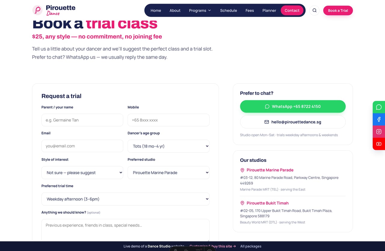 Book-a-trial & contact page on the Pirouette demo — a PDPA-aware trial-request form with style, age and studio selection, plus WhatsApp