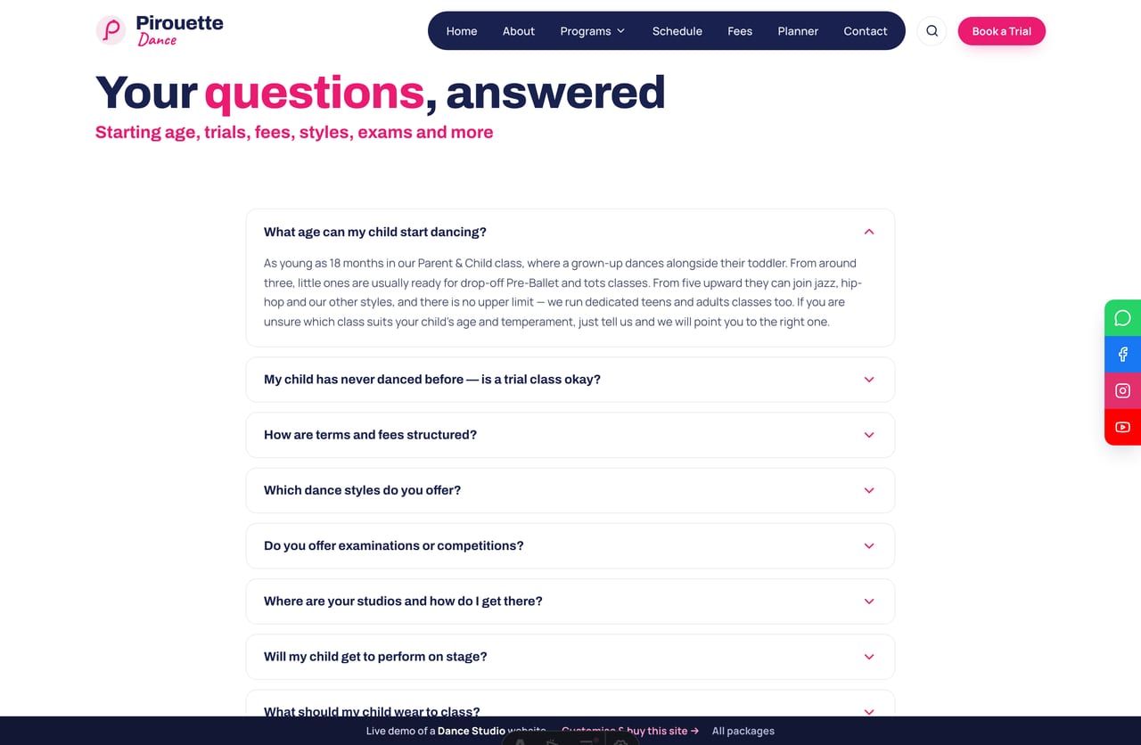 FAQ page on the Pirouette demo — an accordion of common questions about starting age, trials, fees, styles and examinations