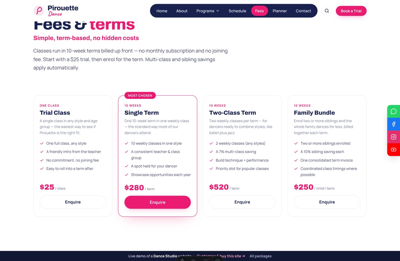 Fees & terms page on the Pirouette demo — term packages as reservation cards plus a per-style, per-age term-fee table, no cart